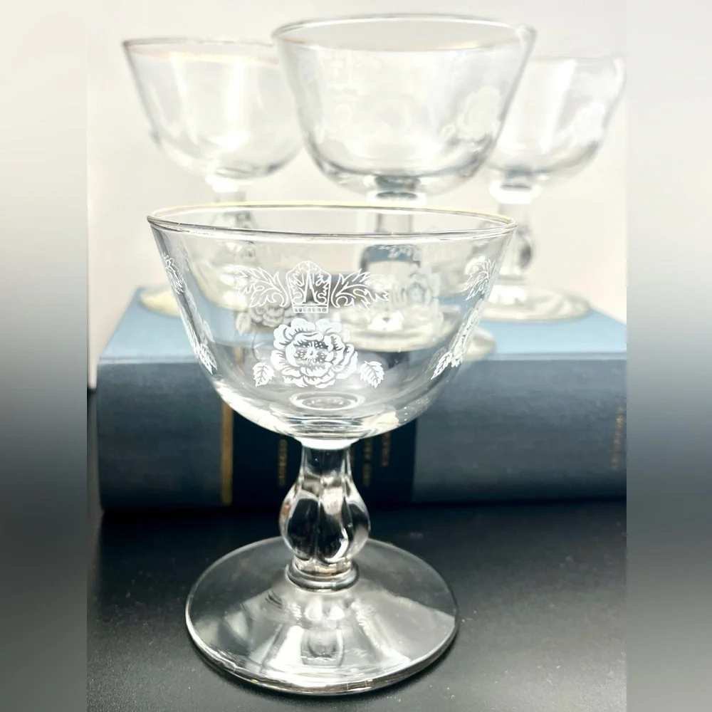 Homer Laughlin 1950’s Queen Esther Rose Floral Etched Sherbert Glasses Set of 4
